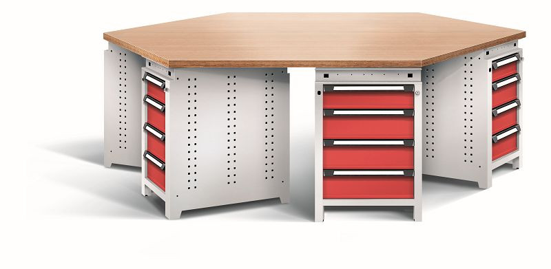 Otto Kind team-work Arbeitsplatz function, mit 6 Unterbauten Typ 107, Schubladen, Multiplexplatte 6-eckig, Gehäuse RAL 7035, Front RAL 3000, 074428034