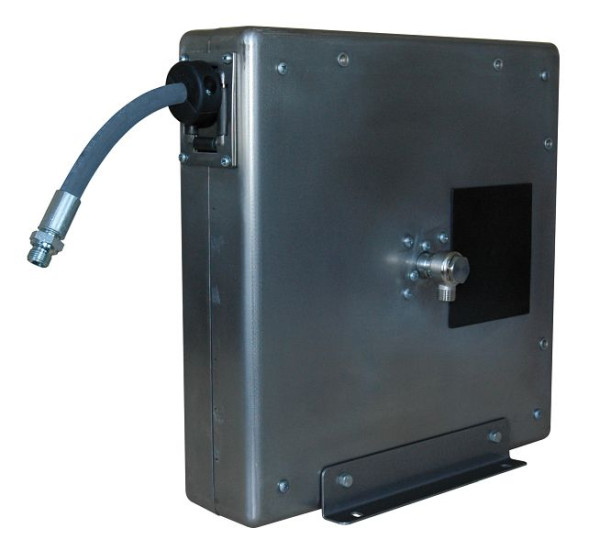 Rapid Automatischer Schlauchaufroller komplett in Edelstahl mit 12 m Molkereidampfschlauch DN 12 in geschlossener Ausführung, 09 119