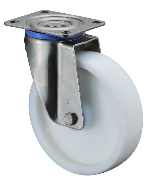 BS Rollen Edelstahl-Schwerlastrolle Lenkrolle, Edelstahl, Kunststoffrad, Gleitlager, Anschraubplatte 200 mm, Tragfähigkeit 700 kg, HS100.A90.200