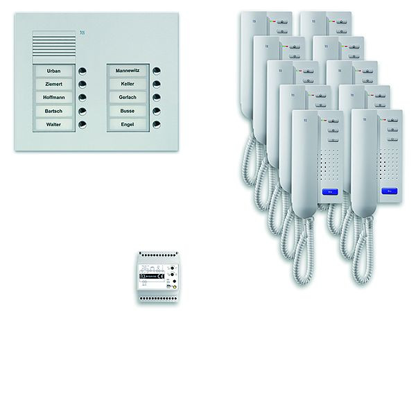 TCS Türkontrollsystem audio:pack UP für 10 Wohneinheiten, mit Außenstation PUK 10 Klingeltasten 2-spaltig, 10x Türtelefon ISH3030, Steuerung, PPU10/2-EN/02