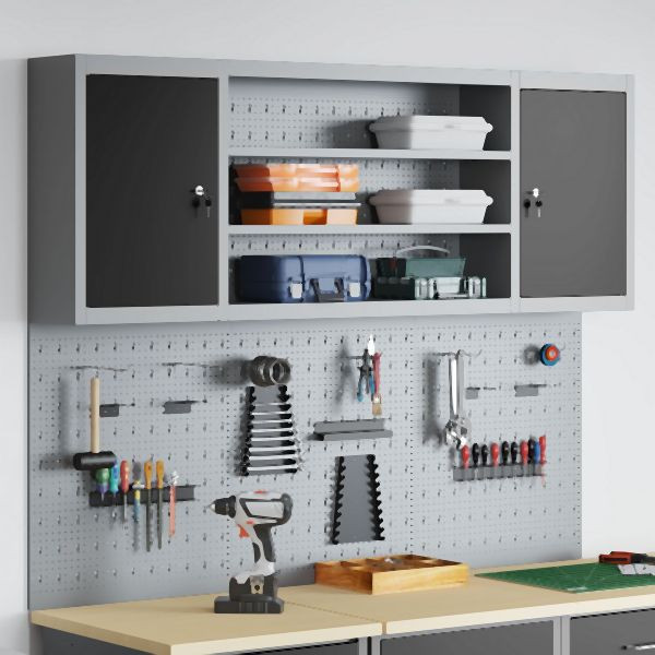 vidaXL 6-teiliges Werkzeugschrank- und Wandpaneel-Set aus schwarzem Metall, 3321408