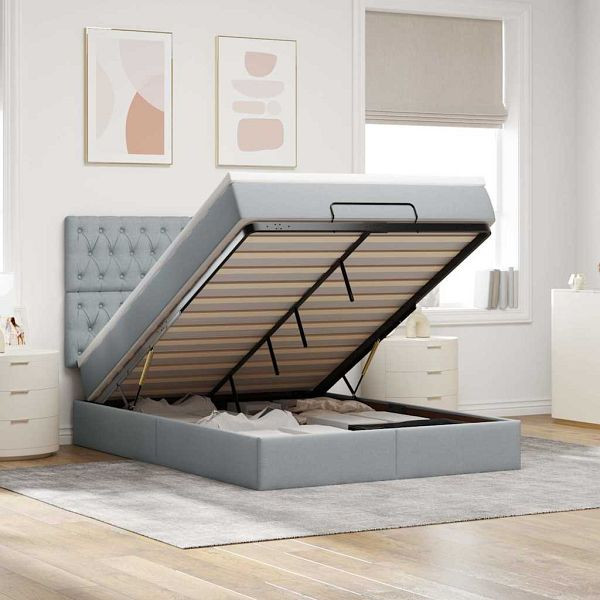 vidaXL Ottoman-Bett mit Matratze & LEDs Hellgrau 140x190 cm Stoff, 3314086
