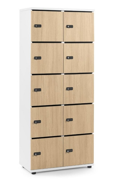 Deskin Schließfachschrank OFFICE-LINE mit 10 Fächern, Eiche hell, 800 x 420 x 1890 mm, mit Posteinwurf, 10 Abteile, Korpus: Weiß, 290127