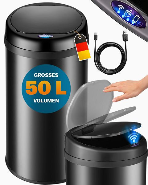 monzana Sensor Mülleimer Schwarz Edelstahl 50L, 109764, 4251776910536