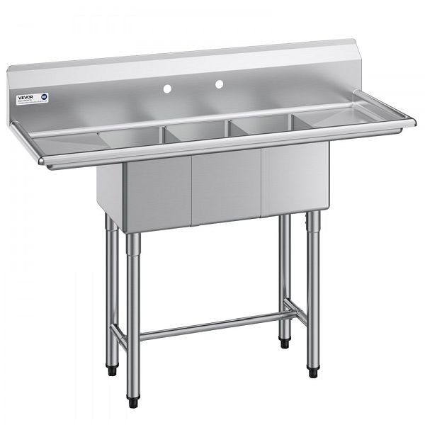 VEVOR Edelstahl-Küchenspüle Silber, 3 Becken, 2 Abtropfflächen, Spritzschutz (1372 x 508 x 1097 mm) für Restaurant/Imbiss/Privat, BXGDLSSCMSSCSNYC7001V0