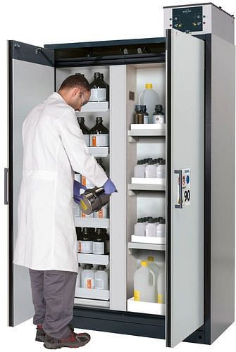 asecos Feuerbeständiger Gefahrstoffschrank Select, Mittelwand, Auszugswannen und Wannenböden, grau, 266831