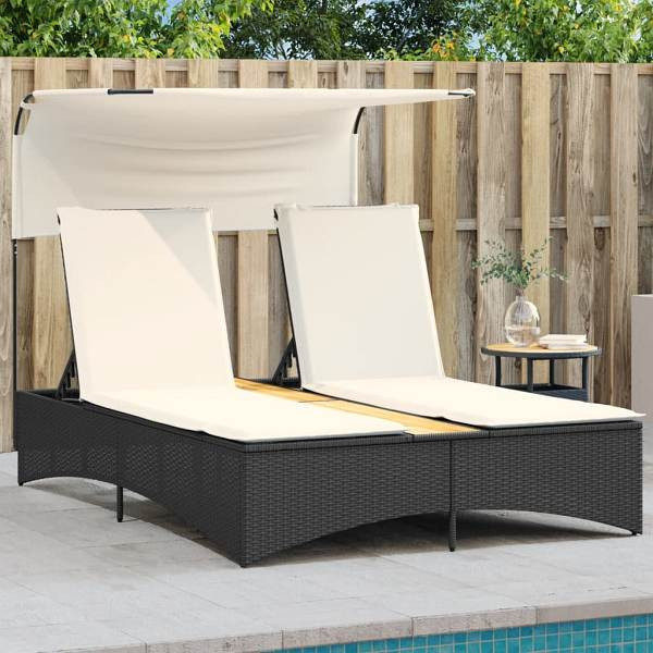 vidaXL Doppel-Sonnenliege mit Dach und Auflagen Schwarz Poly Rattan, UV-beständig, 365621