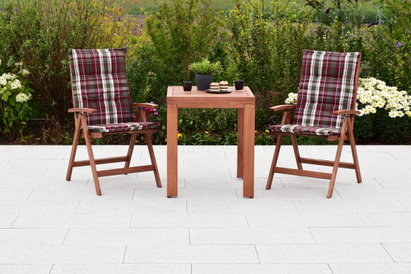 Merxx Borkum Set 5-teilig, 2 Klappsessel, Rückenlehne 5-fach verstellbar, 2 weinrot karierte Kissen, 1 Balkonausziehtisch, 65 (130) x 70 cm, 40011-011