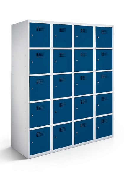 KEMMLIT Schließfachschrank mit 4 Abteilen und 20 Türen 30cm mit geschlossenem Sockel, Enzianblau 5010, Zylinderschloss, 100745