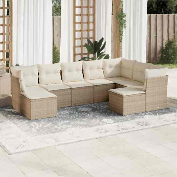 vidaXL 9-tlg. Garten-Sofagarnitur mit Kissen Beige Poly Rattan, UV-beständig, 3250407
