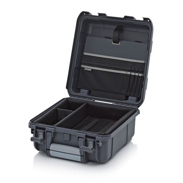 Auer Schutzkoffer Pro Trolley, Anthrazitgrau, ohne Schloss, Laptopeinsatz 13" mit Deckeltafel Band grau, CP 4422 B3-7016