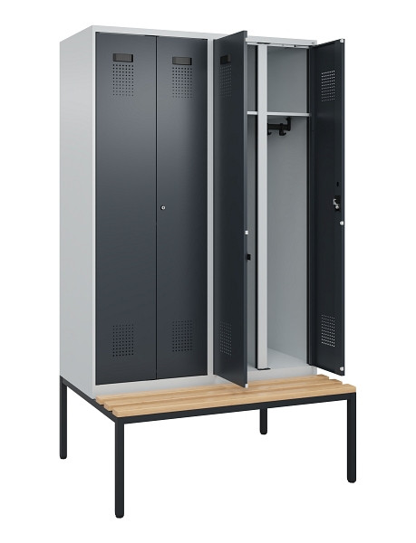 C+P Schwarz-Weiß-Spind Evolo PLUS, Bank, 4 Abteile, 2120x1200x815mm, 7035/7016, Zylinderschloss, Sitzfläche Buche-Hartholz, Sitzbank, 0490527-40 S10039