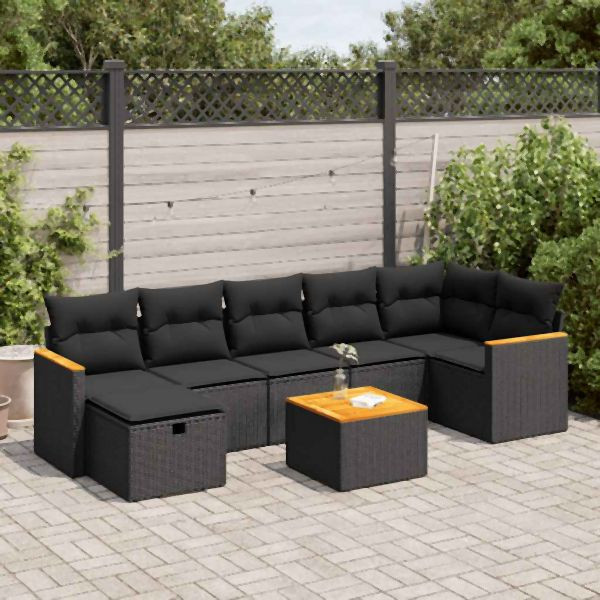 vidaXL 8-tlg. Garten-Sofagarnitur mit Kissen Schwarz Poly Rattan, 3325933