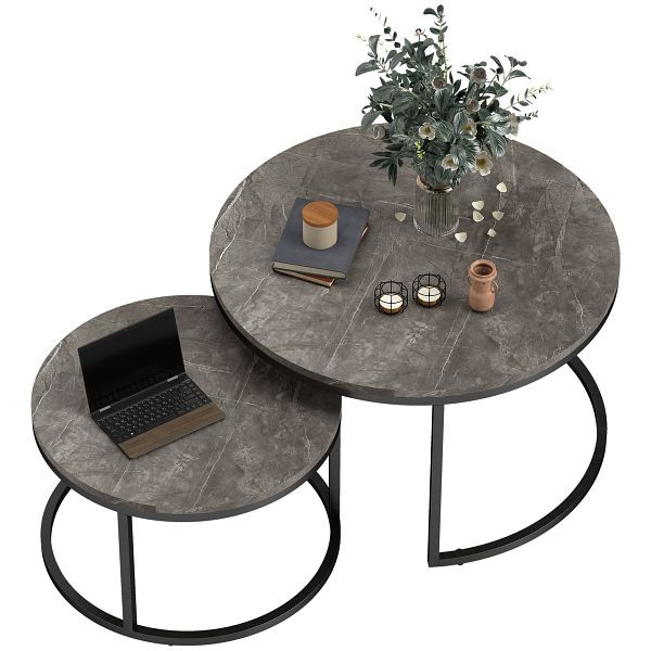 HOMCOM 2er-Set runde Couchtische, stapelbare Beistelltische mit Metallrahmen, Wohnzimmertisch in Marmoroptik, Kaffeetisch, Grau, 833-873V80GY