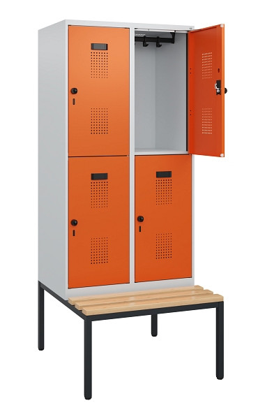 C+P Doppelstöckiger Spind Evolo PLUS, Bank, 4 Fächer, 1950x800x815mm, 7035/2004, Drehriegel, Sitzfläche Buche-Hartholz, Sitzbank, 0493505-22 S10002