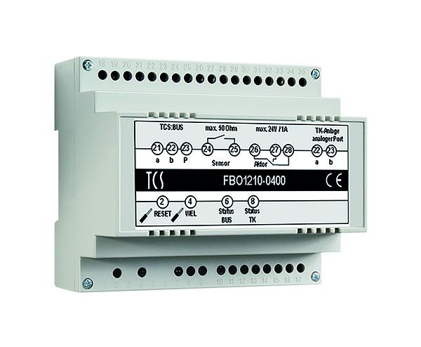 TCS Interface für die Anbindung an TK-Anlagen über analogen Port, bis zu 64 Rufziele (5-stellige Rufnummer), Hutschiene 6 TE, Version 2020, FBO1210-0400