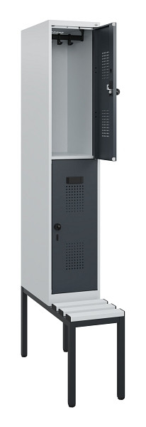 C+P Doppelstöckiger Spind Evolo PLUS, Bank, 2 Fächer, 1950x300x815mm, 7035/7016, Drehriegel, Sitzfläche Kunststoff, Sitzbank, 0493505-10 S10104