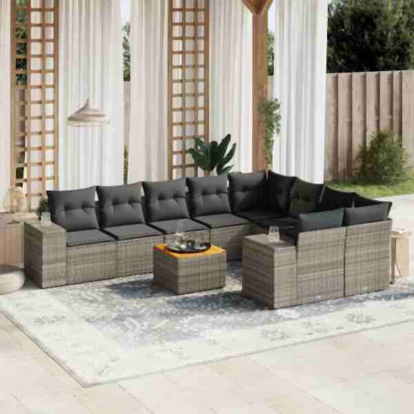 vidaXL 10-tlg. Garten-Sofagarnitur mit Kissen Grau Poly Rattan, UV-beständig, 3225605