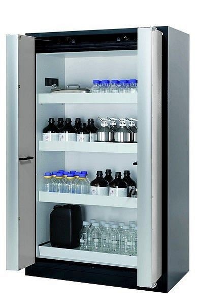 asecos Sicherheitsschrank Q-PHOENIX-90, Q90.195.120.FD in lichtgrau RAL 7035 mit 3x Wannenboden Standard (Stahlblech), 32149-041-30007