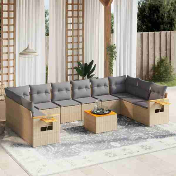 vidaXL 11-tlg. Garten-Sofagarnitur mit Kissen Beige Poly Rattan, UV-beständig, 3259574