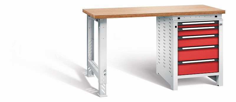 Otto Kind Werkbank function Typ 206, überstehende Multiplex-Arbeitsplatte, 1 Fußgestell, 1 Unterbau, Gehäuse RAL 7035, Front RAL 3000, 072194034