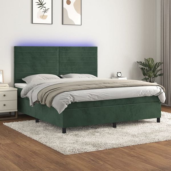 vidaXL Boxspringbett mit Matratze & LED Dunkelgrün 180x200 cm Samt, 3136200