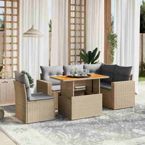 vidaXL 6-tlg. Garten-Sofagarnitur mit Kissen Beige Poly Rattan, UV-beständig, 3271318