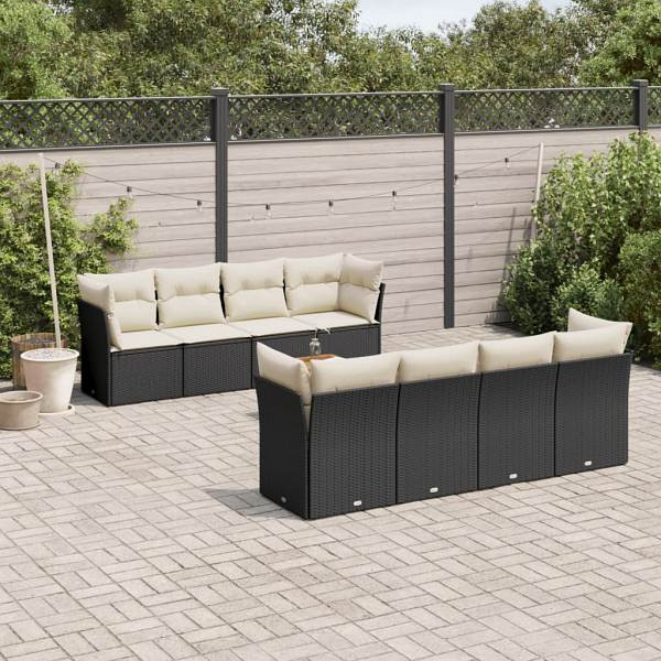 vidaXL 9-tlg. Garten-Sofagarnitur mit Kissen Schwarz Poly Rattan, UV-beständig, 3223522