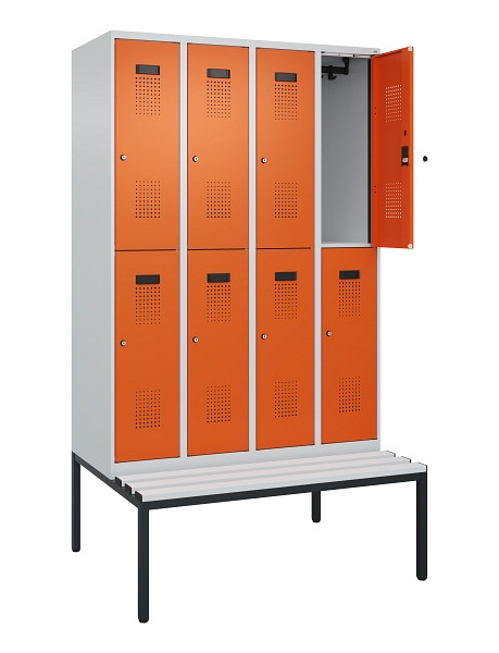 C+P Doppelstock-Spind Evolo PLUS, Bank, 8 Fächer, 2120x1200x815mm, 7035/2004, Zylinderschloss, Sitzfläche Kunststoff, Sitzbank, 0493507-40 S10110