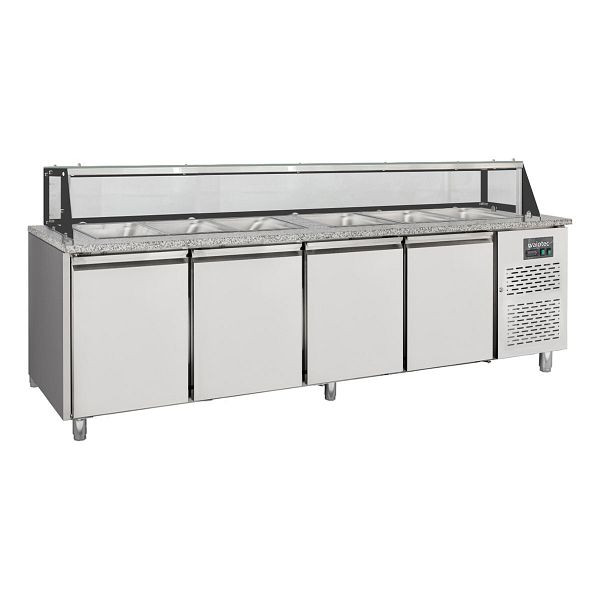Vaiotec Salattheke / 4-fach mit Türen, Glasaufbau, für 6x GN 1/1 "grau", 2500 x 800 mm, 12229