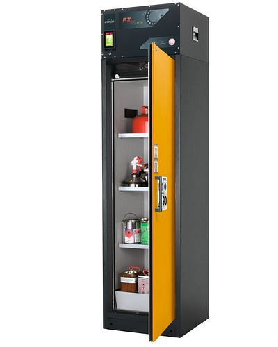 asecos Feuerbeständiger Umluft-Gefahrstoffschrank Custos, gelb,3 Böden,Türanschlag rechts, 248472