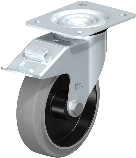 Blickle LE-POEV 161R-FI-SG Stahlblech-Lenkrolle mit Anschraubplatte & Feststeller, Elastik-Vollgummi, Grau, 850134