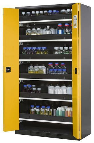 asecos Chemikalienschrank Systema-T CS-106F, Korpus anthrazit, Falttüren gelb, 6 Tablarauszüge, 209101