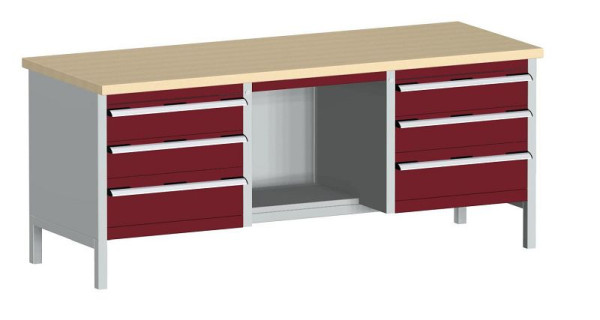bott cubio Kastenwerkbank mit 6 Schubladen Ablage, Multiplex-Arbeitsplatte BxTxH: 2000 x 750 x 840 mm, RAL 7035/3004, 41002073.24V