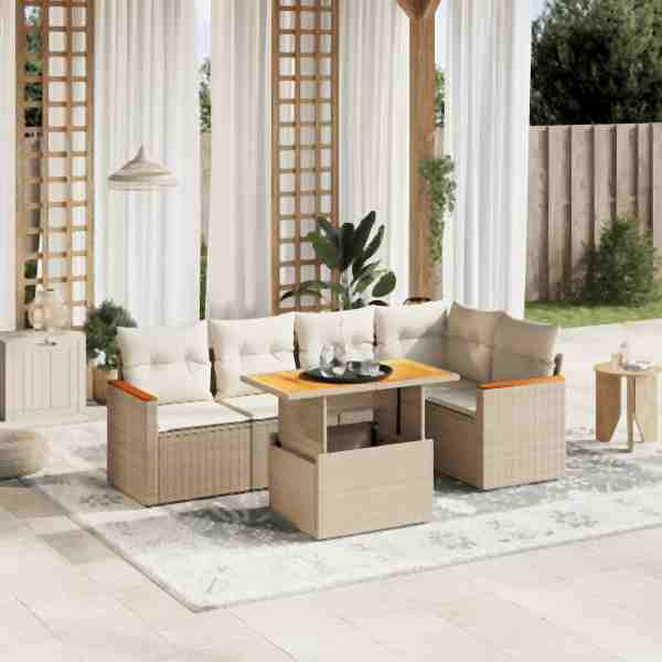 vidaXL 6-tlg. Garten-Sofagarnitur mit Kissen Beige Poly Rattan, UV-beständig, 3273067