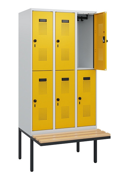 C+P Doppelstock-Spind Evolo PLUS, Bank, 6 Fächer, 1950x900x815mm, 7035/1004, Drehriegel, Sitzfläche Buche-Hartholz, 0493405-30 S10000