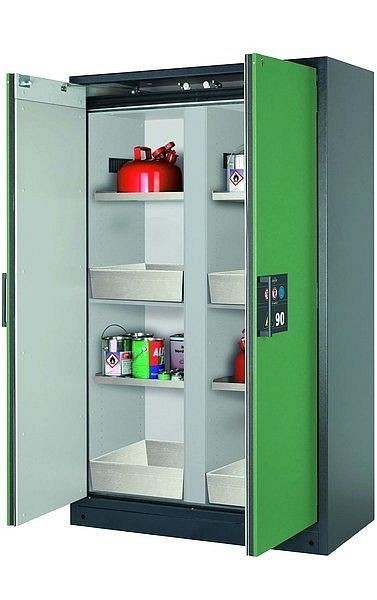 asecos Sicherheitsschrank Q-CLASSIC-90, Q90.195.120.MM in resedagrün RAL 6011 mit 4x Fachboden (Edelstahl), 34192-048-34205