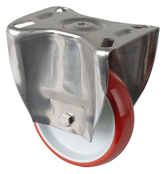 BS Rollen Edelstahl Transportrolle, Bockrolle, Breite 32 mm, Ø125 mm, bis 180 kg, Lauffläche Polyurethan rot, Kunststoff, Gleitlager, Platte, H110.B26.126