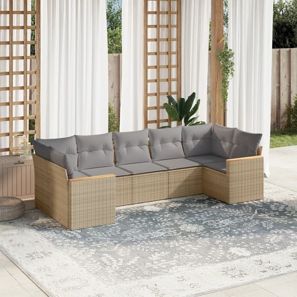 vidaXL 7-teilig Garten-Sofagarnitur mit Kissen Beige Poly Rattan, 3226269