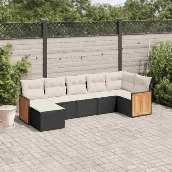vidaXL 7-tlg. Garten-Sofagarnitur mit Kissen Schwarz Poly Rattan, UV-beständig, 3260271