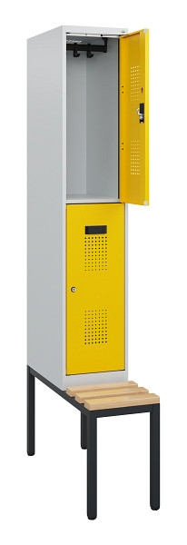 C+P Doppelstöckiger Spind Evolo PLUS, Bank, 2 Fächer, 1950x300x815mm, 7035/1023, Zylinderschloss, Sitzfläche Buche-Hartholz, Sitzbank, 0493505-10 S10020