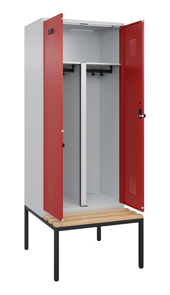 C+P PSA Doppel-Spind Evolo PLUS, Bank, 2 Abteile, 2120x800x815mm, 7035/3000, Drehriegel, Sitzfläche Buche-Hartholz, Sitzbank, 0490527-22P S10003