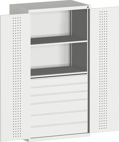 bott cubio Flügeltürschrank bestückt mit 6 Schubladen, 2 Fachböden BxTxH: 1300 x 650 x 2000 mm, RAL 7035, 40022141.16V