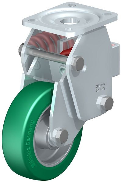 Blickle BHF-ALST 125K-1 Stahlblech-Bockrolle, Schwerlast-Ausführung, mit Stahlfeder, Blickle Softhane®, Grün, 755363
