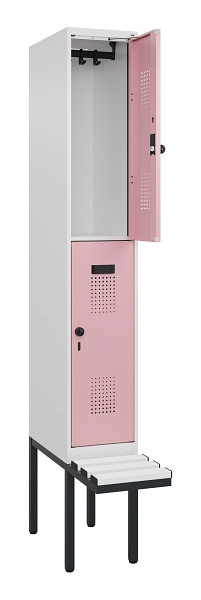 C+P Doppelstock-Spind Evolo PLUS, Bank, 2 Fächer, 2120x300x815mm, 9016/3015, Drehriegel, Sitzfläche Kunststoff, 0493407-10 S10099