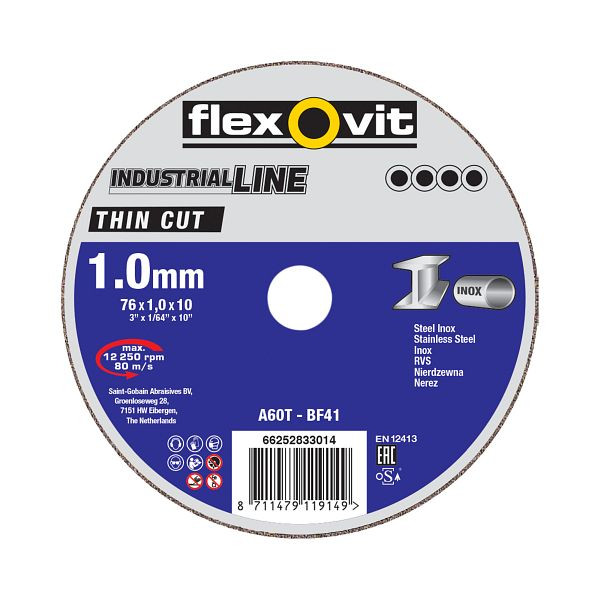 Flexovit Trennscheibe A46T-76x1.6x10.0-T41 FLX-Thin Cut INDUSTRIAL LINE gerade - 41 A46T, VE: 100 Stück, 66252833237
