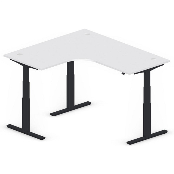 Deskin XXL Sitz-/ Stehschreibtisch Jumbo MULTI M, Dekor lichtgrau, T-Fuß-Stahlgestell in Schwarz RAL 9005, linksseitig geformt, 295160