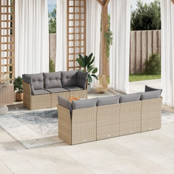 vidaXL 8-tlg. Garten-Sofagarnitur mit Kissen Beige Poly Rattan, 3255835