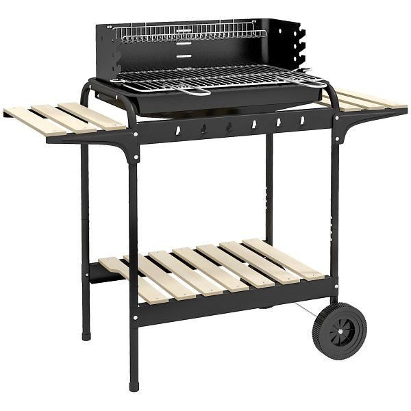 Outsunny Holzkohlegrill aus Metall BBQ Smoker mit Räder, höheverstellbar Grillrost, Holzablage 103x47x95 cm Schwarz, 846-149V00BK