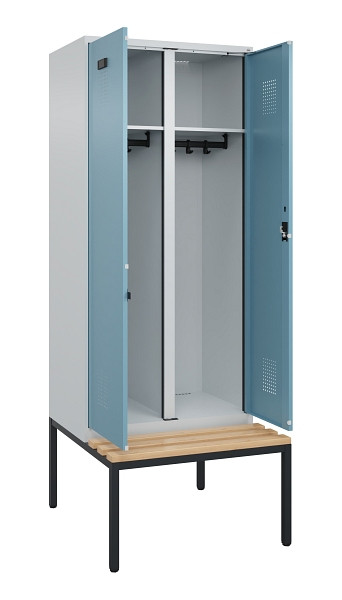 C+P Schwarz-Weiß-Spind Evolo PLUS, Bank, 2 Abteile, 2120x800x815mm, 7035/0010, Zylinderschloss, Sitzfläche Buche-Hartholz, Sitzbank, 0490527-22 S10036